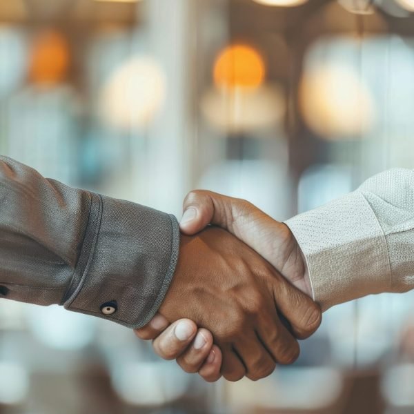 Closeup of handshake between two businessmen in office, business partnership concept.